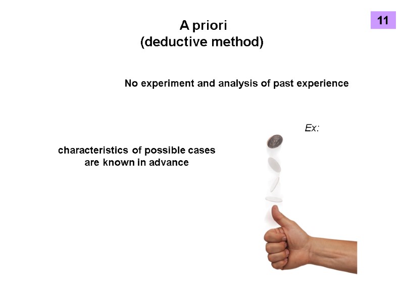 A priori  (deductive method)‏ No experiment and analysis of past experience characteristics of